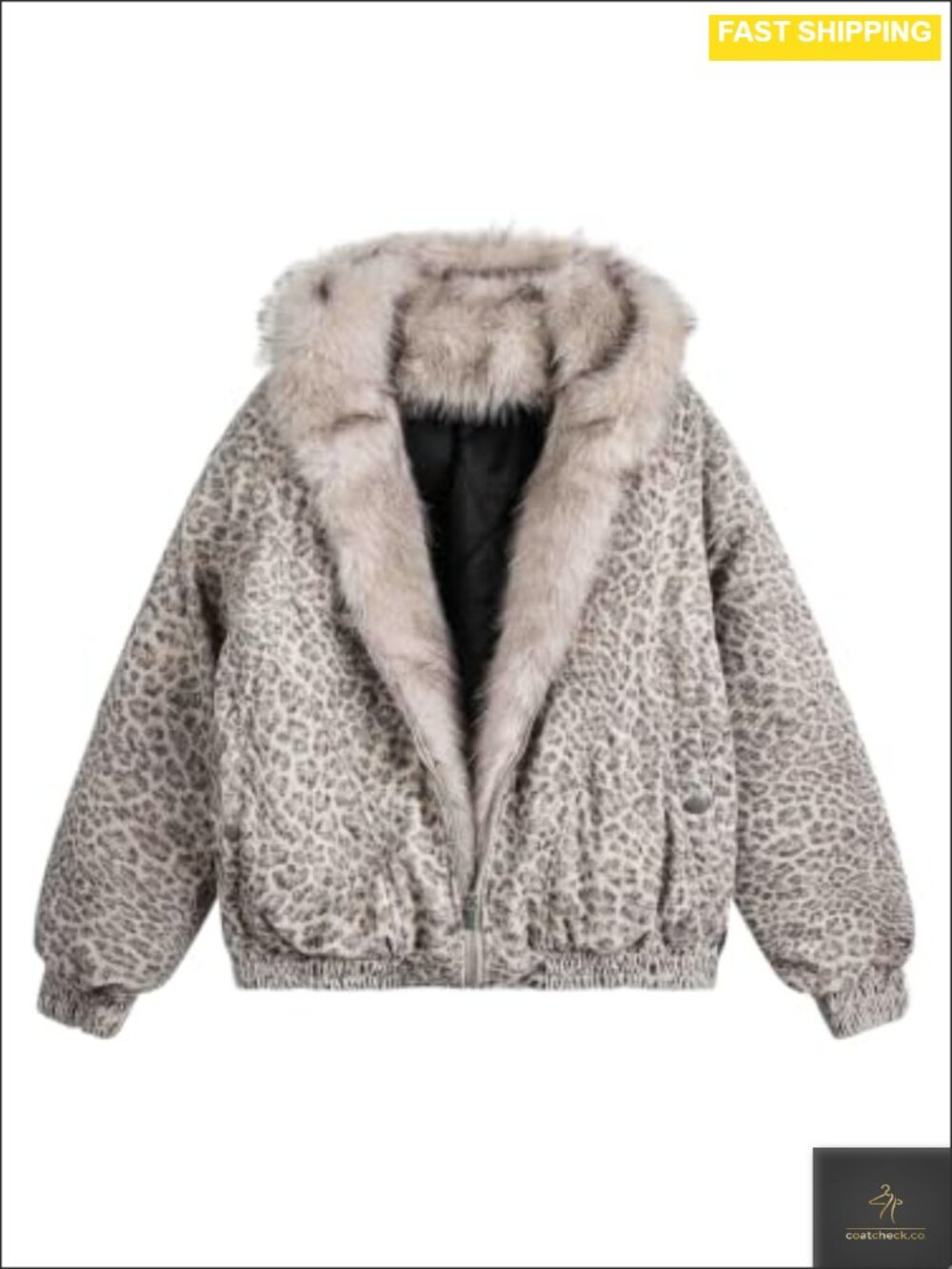 Leopard Faux Fur Hooded Zip Up Coat Warm Fuzzy Y2K Streetwear Jacket